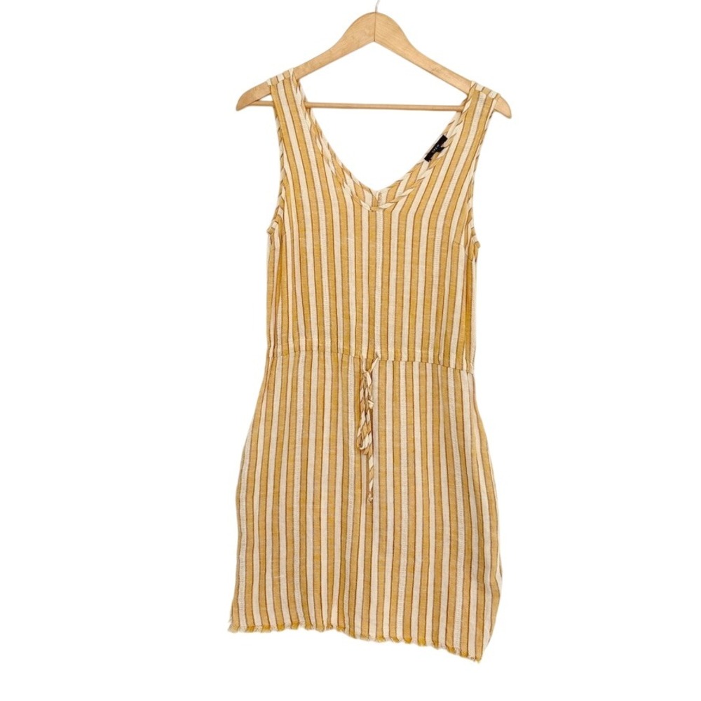 DREW Dress striped Linen Blend Coastal Euro Drawstring Midi Size M‎ Yellow White